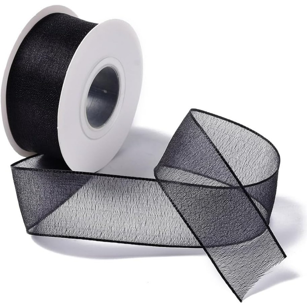 Organza Ribbon Spool - 1 Polegada fita de organza preta